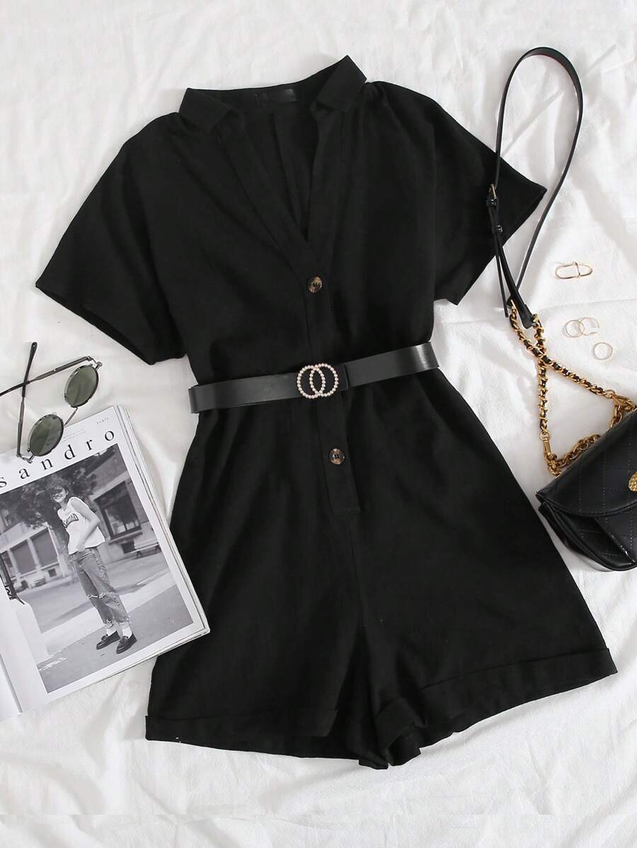 SHEIN PETITE Button Front Batwing Sleeve Romper Without Belt - Black - View 1