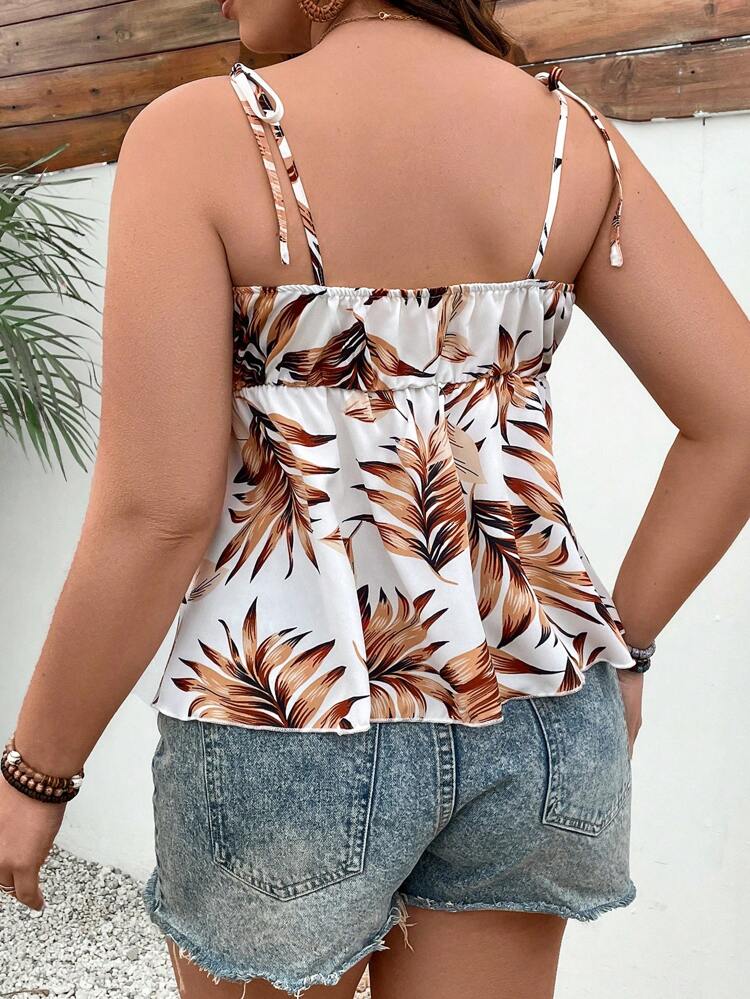 Plus Size Plant Printed Tie Shoulder Cami Top