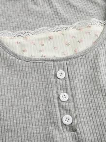 ROMWE Y2K 甜美学院风拼布花卉二合一女式 T 恤，学校 - 灰色 - 查看 4