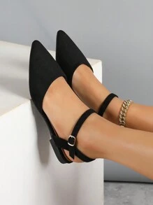 Nuevos zapatos planos de mujer con punta puntiaguda, tacón bajo e imitación de terciopelo en la correa trasera para uso en exteriores - Negro - Ver 3