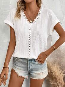 SHEIN LUNE V-Neck Lace Patchwork Batwing Sleeve T-Shirt - White - View 5