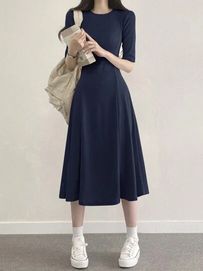 DAZY Solid Color Casual A-Line Dress With Round Neck Sundress