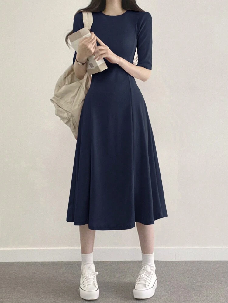 Solid Color Casual A-Line Dress With Round Neck Sundress Maxi Dress
