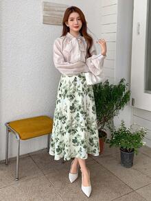 DAZY 女士植物印花中長裙 - 白色 - 查看 2