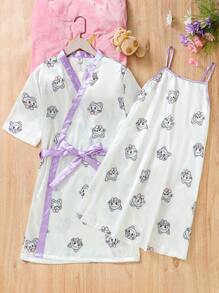 Teen Girl's Simple Fashion Cartoon Printed Cami Nightdress With Short Sleeve Robe Set For Home Wear - Multicolor - View 1