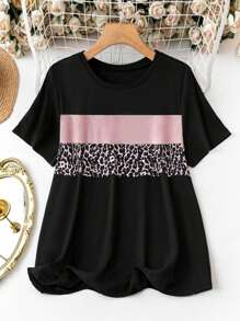 SHEIN LUNE Áo thun họa tiết da báo khối màu cỡ lớn, họa tiết da báo, áo phông nữ, cho mùa hè - Nhiều màu - Xem 1