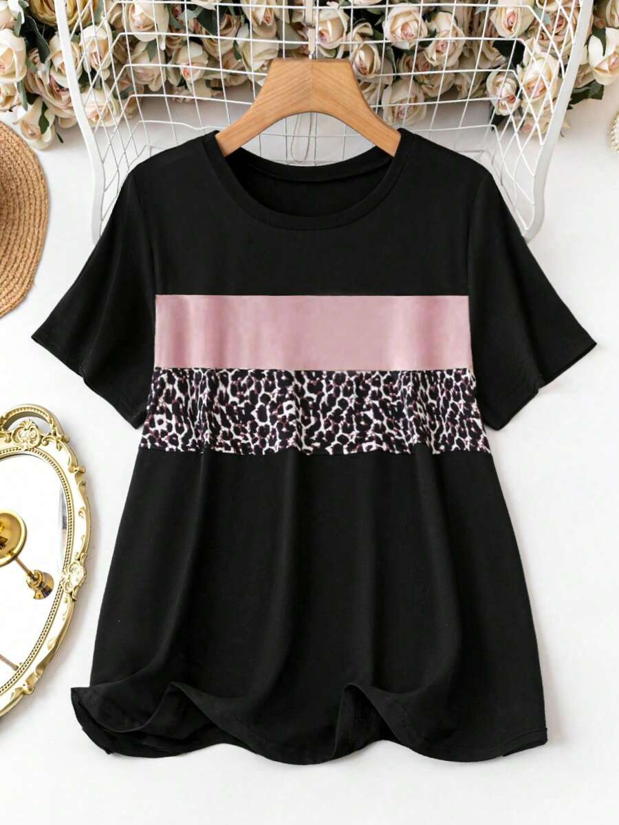 SHEIN LUNE Áo thun họa tiết da báo khối màu cỡ lớn, họa tiết da báo, áo phông nữ, cho mùa hè - Nhiều màu - Xem 1