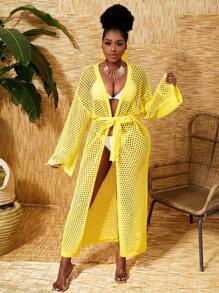 Slaydiva 1pc Knitted Vacation Cardigan With Holes Design - Yellow - View 1