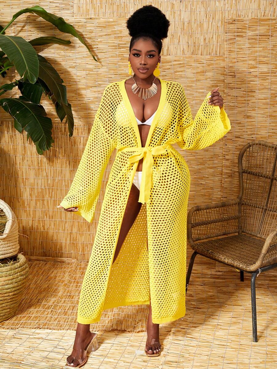 Slaydiva 1pc Knitted Vacation Cardigan With Holes Design - Yellow - View 1