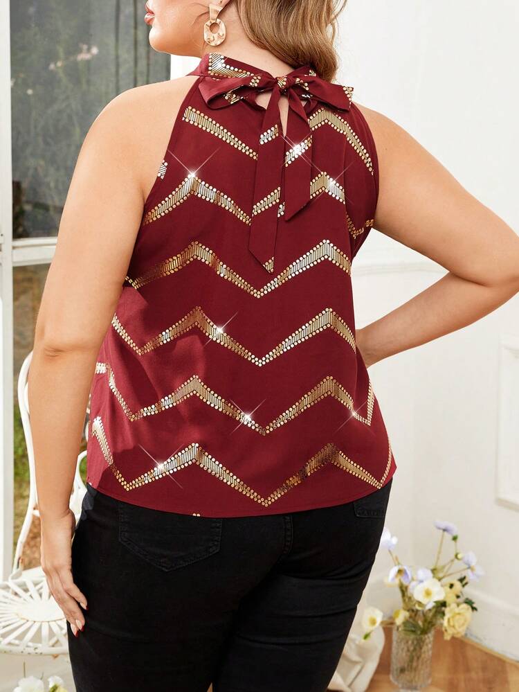 Plus Size Women's Gold Foil Waves Printed Halter Neck Blouse