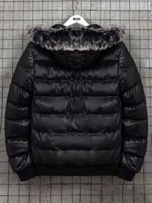 EURMUSE Men's Hooded Padded Jacket With Fur Collar - Black - View 2