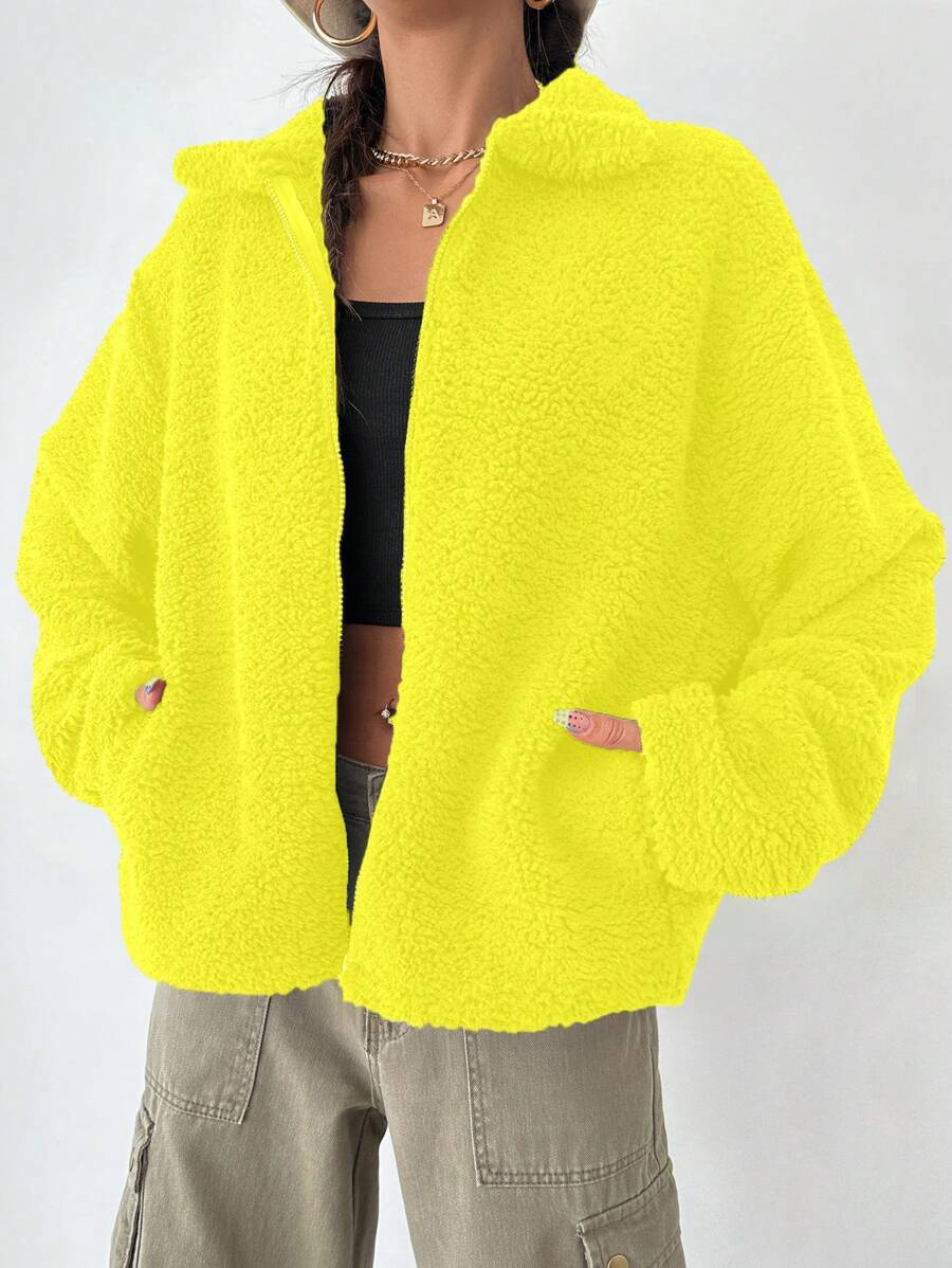 SHEIN Cottnline Women's Solid Color Drop Shoulder Fluffy Jacket - Yellow - View 1