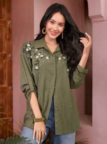 Seusyu Women's Floral Embroidery Long Sleeve Shirt