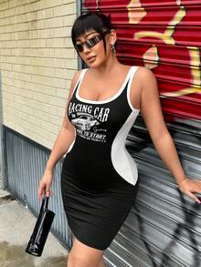 SHEIN SXY 彩色分塊緊身連衣裙,車輛與字母印花設計 - 黑色 - 查看 3