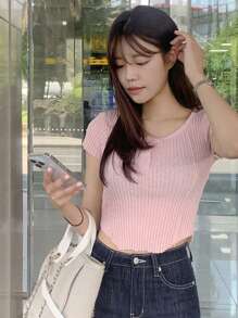 DAZY 女款短袖圓領羅紋針織上衣 - 粉色 - 查看 3