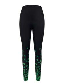 SHEIN LUNE Của phụ nữ Eo đàn hồi Cỏ ba lá Mẫu Xà cạp - màu đen - Xem 1