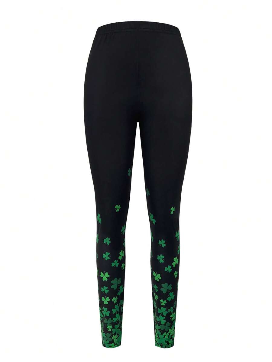 SHEIN LUNE Của phụ nữ Eo đàn hồi Cỏ ba lá Mẫu Xà cạp - màu đen - Xem 1