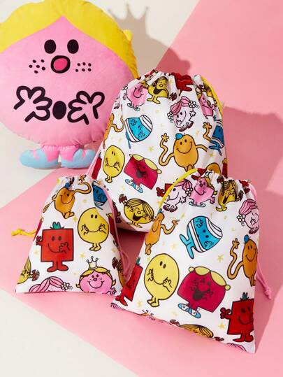 Mr Men Little Miss X SHEIN Cartoon Printed Drawstring Storage Bag, For Travel