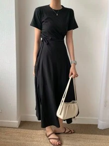 DAZY Conjunto de dos piezas para mujer con top de cuello redondo de unicolor y falda envolvente - Negro - Ver 3