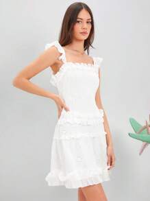 Enchnt Spring Summer Women's Solid Color Hollow Out Embroidered Patchwork Ruffled Hem Spaghetti Strap White Bridal Shower  Dress - White - View 6