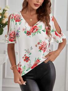 SHEIN Clasi Blusa de manga corta con hombros descubiertos y estampado floral para mujer - Multicolor - Ver 4