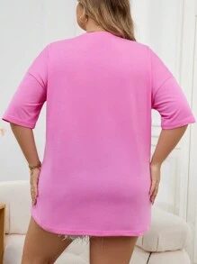 SHEIN EZwear Kích thước lớn Loại bướm Và In thư Ngắn tay Áo thun - Hồng - Xem 2