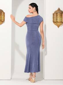 Modelyn Women's Solid Color Asymmetrical Collar Gathered Fish-Tail Dress, Semi Formal Dress Long Evening Dresses - Dusty Blue - View 2