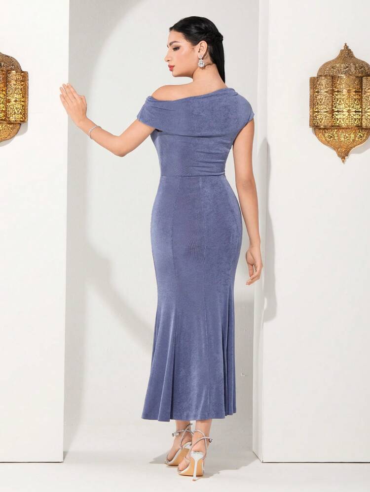 Women's Solid Color Asymmetrical Collar Gathered Fish-Tail Dress, Semi Formal Dress Long Evening Dresses