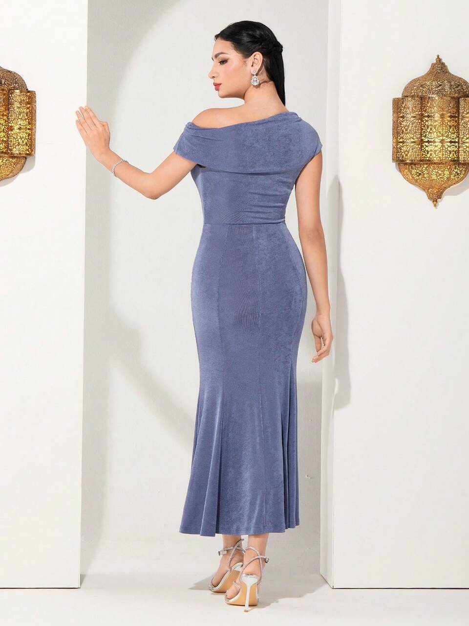 Women's Solid Color Asymmetrical Collar Gathered Fish-Tail Dress, Semi Formal Dress Long Evening Dresses