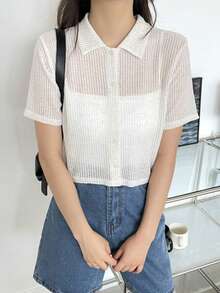 DAZY Button Ribbed Short Sleeve T-Shirt - White - View 6