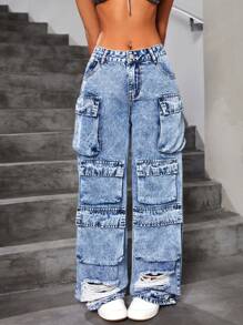 SHEIN ICON Women's Multi-Pocket Distressed Cargo Jeans - Blue - View 4