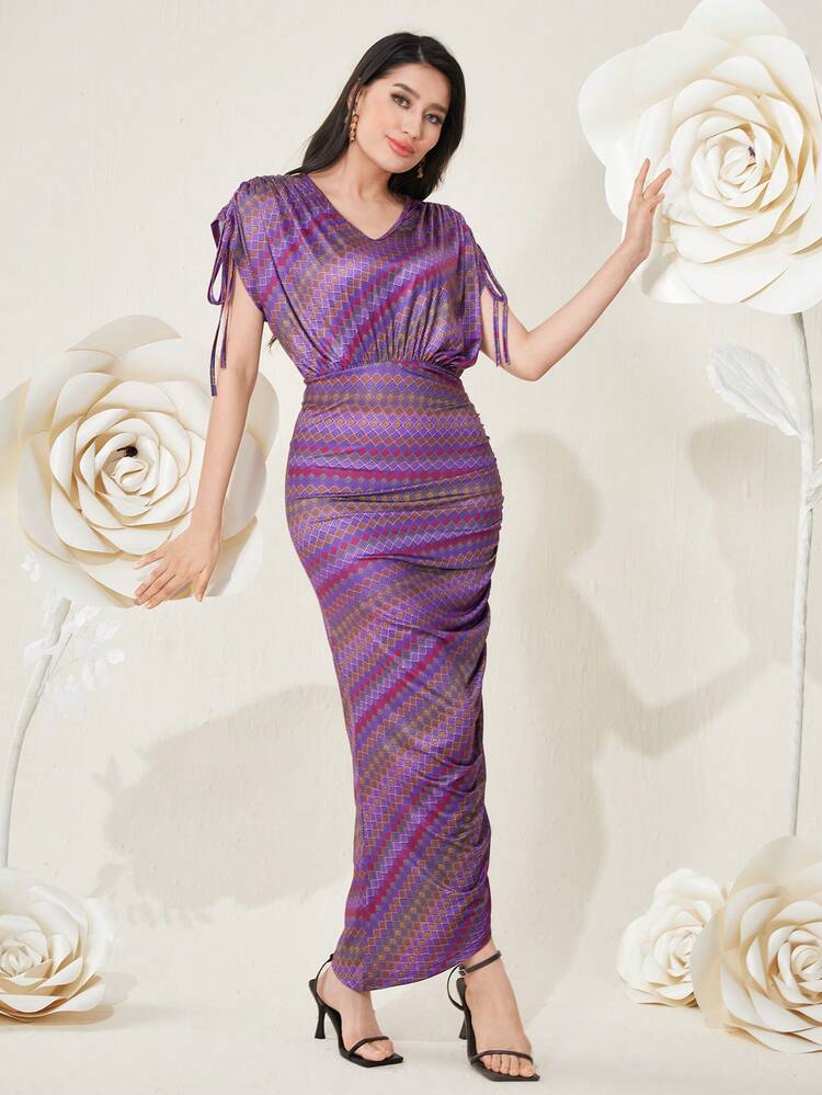 Women's Geometric Printed Drawstring Batwing Sleeve Dress