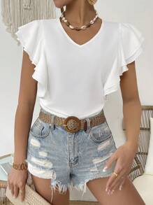 Breezaya Camiseta Corta De Hombro Descubierto Y Detalles De Volantes Para Mujer De Color Sólido - Blanco - Ver 4