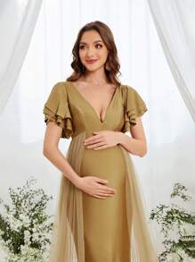 Faeriesty Dressalisa Maternity Layered Ruffle Sleeve Contrast Mesh Formal Gown - Khaki - View 6