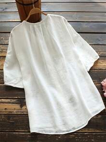 女式輕便圓領花卉繡花鈕扣襯衫，夏季 - 白色 - 查看 2