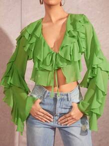 SHEIN BAE Solid Color Sweet Elegant V-Neck Tie Front Ruffle Hem Sheer Blouse With Flare Sleeves For Summer - Green - View 1