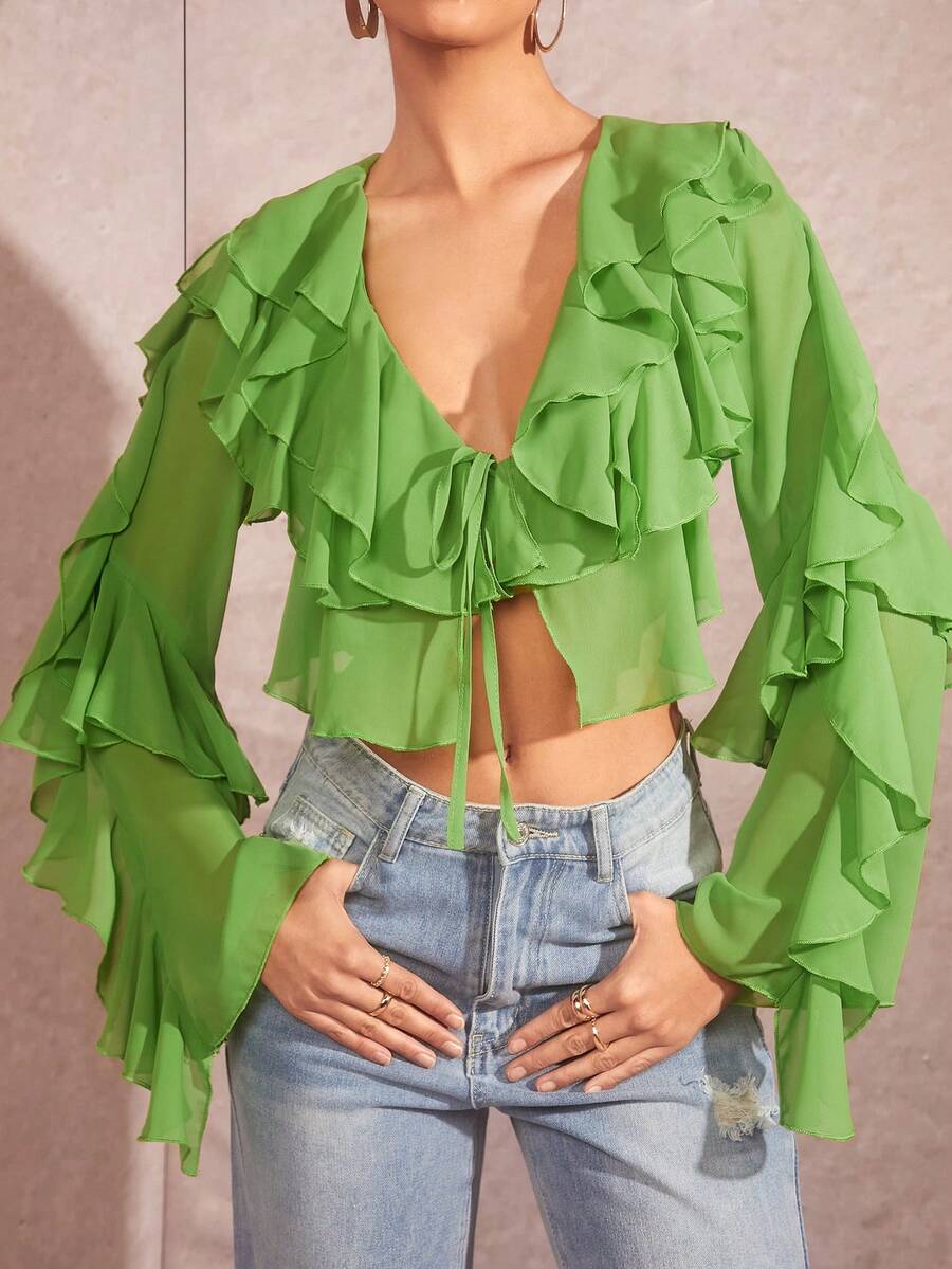 SHEIN BAE Solid Color Sweet Elegant V-Neck Tie Front Ruffle Hem Sheer Blouse With Flare Sleeves For Summer - Green - View 1