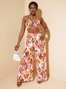 Zolique Women's Printed Halter Neck Vest And Pants Two-Piece Set