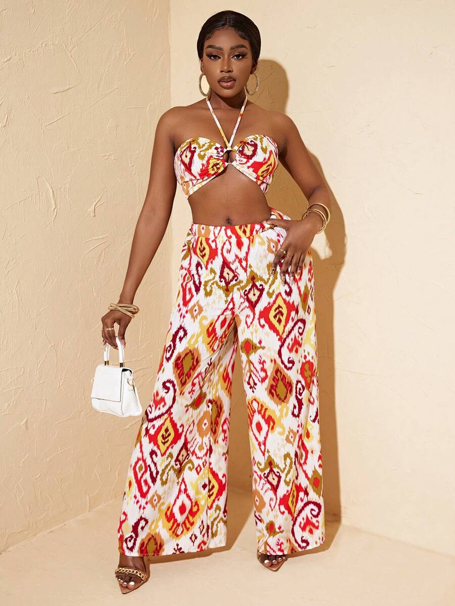 Zolique Women's Printed Halter Neck Vest And Pants Two-Piece Set