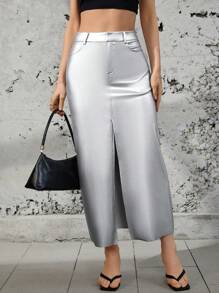 SHEIN Essnce Của phụ nữ Sáng bóng Da giả Mặt trước Giải trí Váy - Bạc - Xem 1