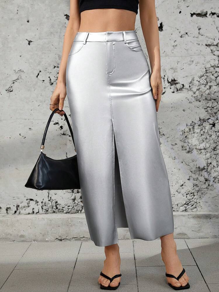 Women's Shiny Faux Leather Front Mid-Split Casual Skirt