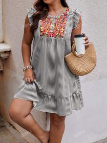 Plus Size Striped Dress With Notched Neckline And Ruffled Hemline