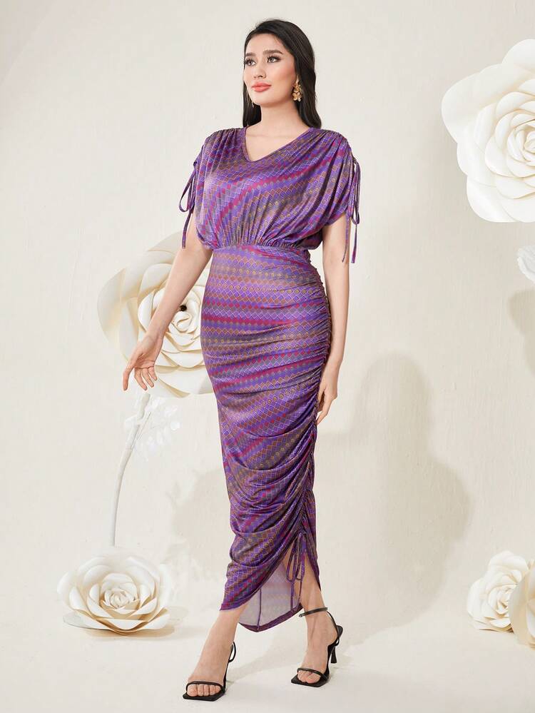 Women's Geometric Printed Drawstring Batwing Sleeve Dress