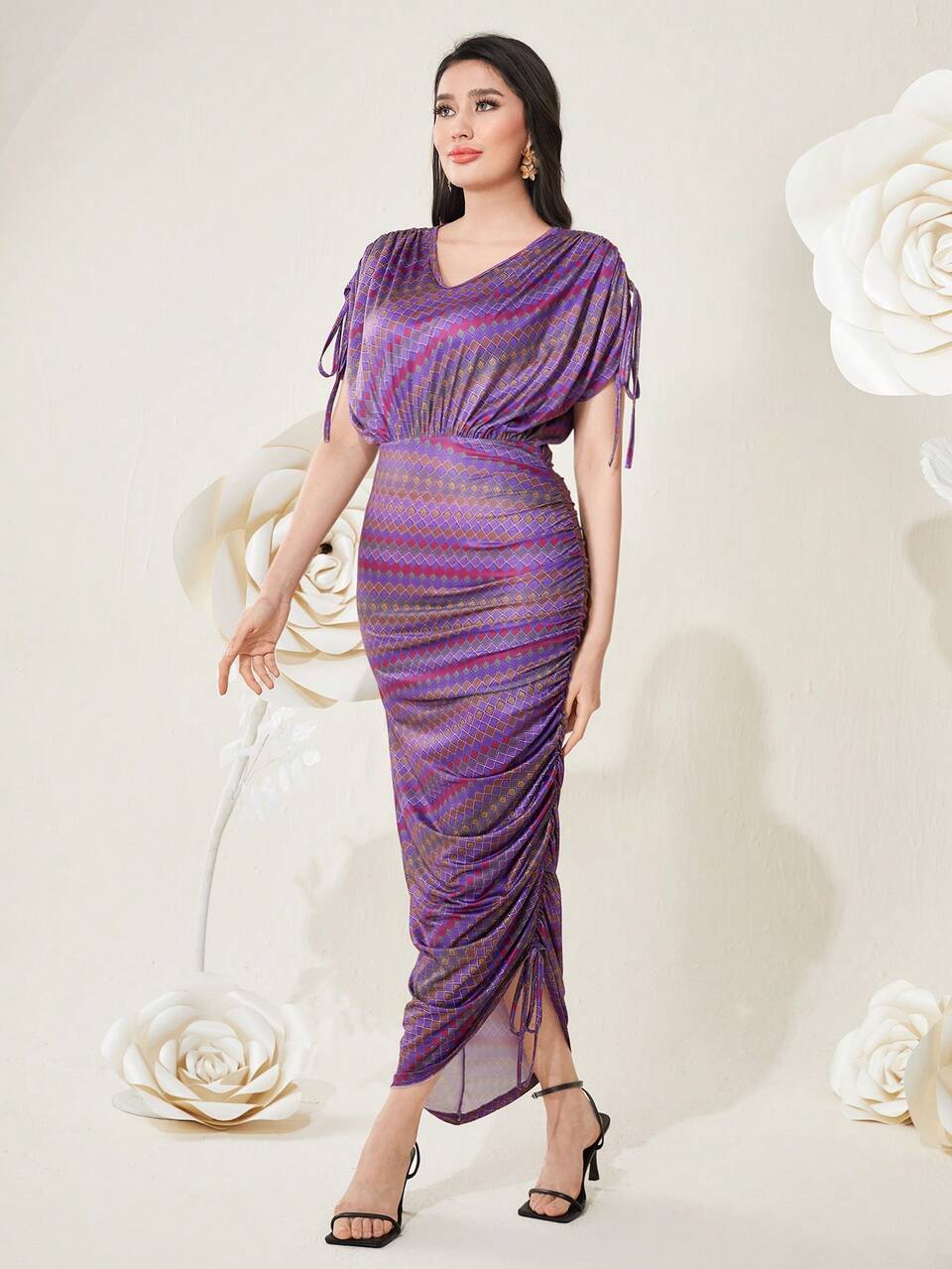 Women's Geometric Printed Drawstring Batwing Sleeve Dress
