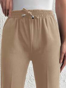 Cottnline 純色抽繩腰部斜袋運動褲 - 杏色 - 查看 3