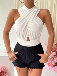 SHEIN Privé Hollow Out Cross Strap Bodysuit - White - View 1