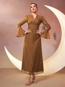 Modelyn Damen Arabisch inspiriertes langes Abendkleid mit Knopfverzierung und weiten Glockenärmeln, Lange Abendkleider - Braun - Übersicht 3