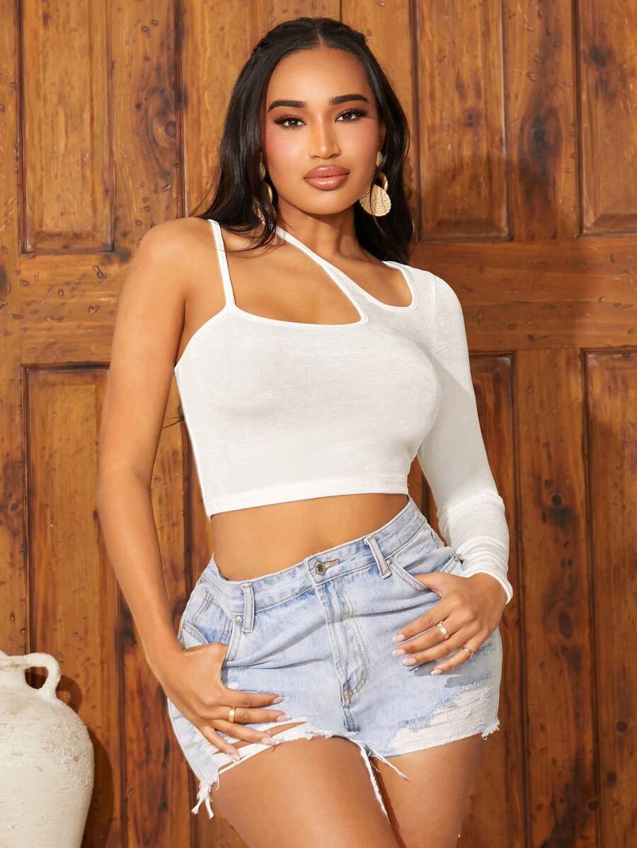 SHEIN SXY Women's Asymmetrical Hollow Out Slim Fit Cropped Top - White - View 1