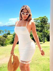 SHEIN SXY Rochie de damă, sexy, cu textura solidă, fără spate, cu franjuri, cu bretele spaghetti, cu ciucuri, pentru vacanța de vară - alb - Vizualizare 6