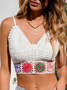 SHEIN VCAY Women's Vacation Floral Pattern Splice Lace Strap Camisole For Summer - White - View 3